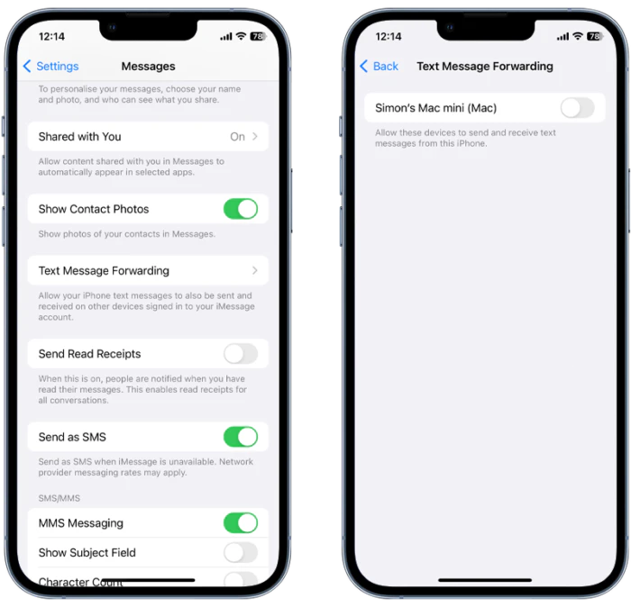 A screenshot of an iPhone showing how to disable text message forwarding