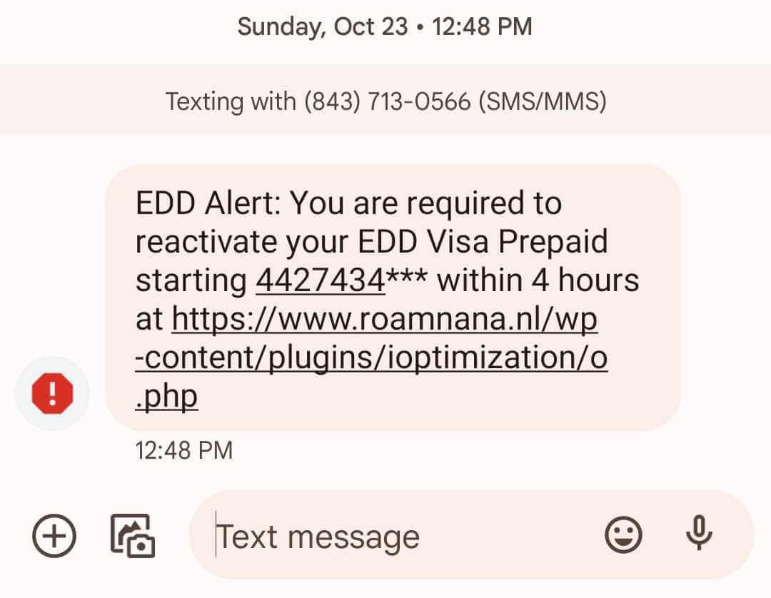 Example of a fraudulent text message for can you get hacked by replying to a text article
