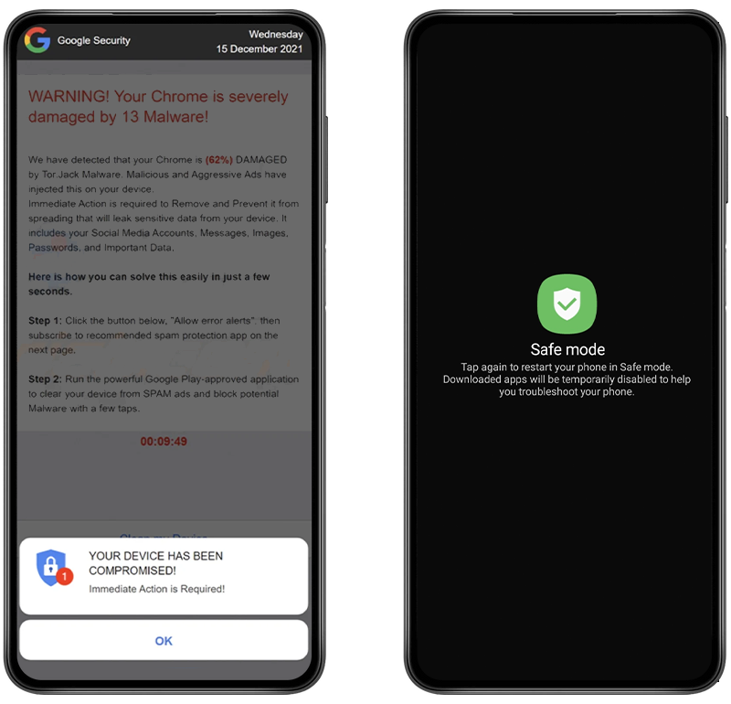 Example of Android popup and how to enable Safe Mode for How to Tell if Your Android Phone Is Hacked article