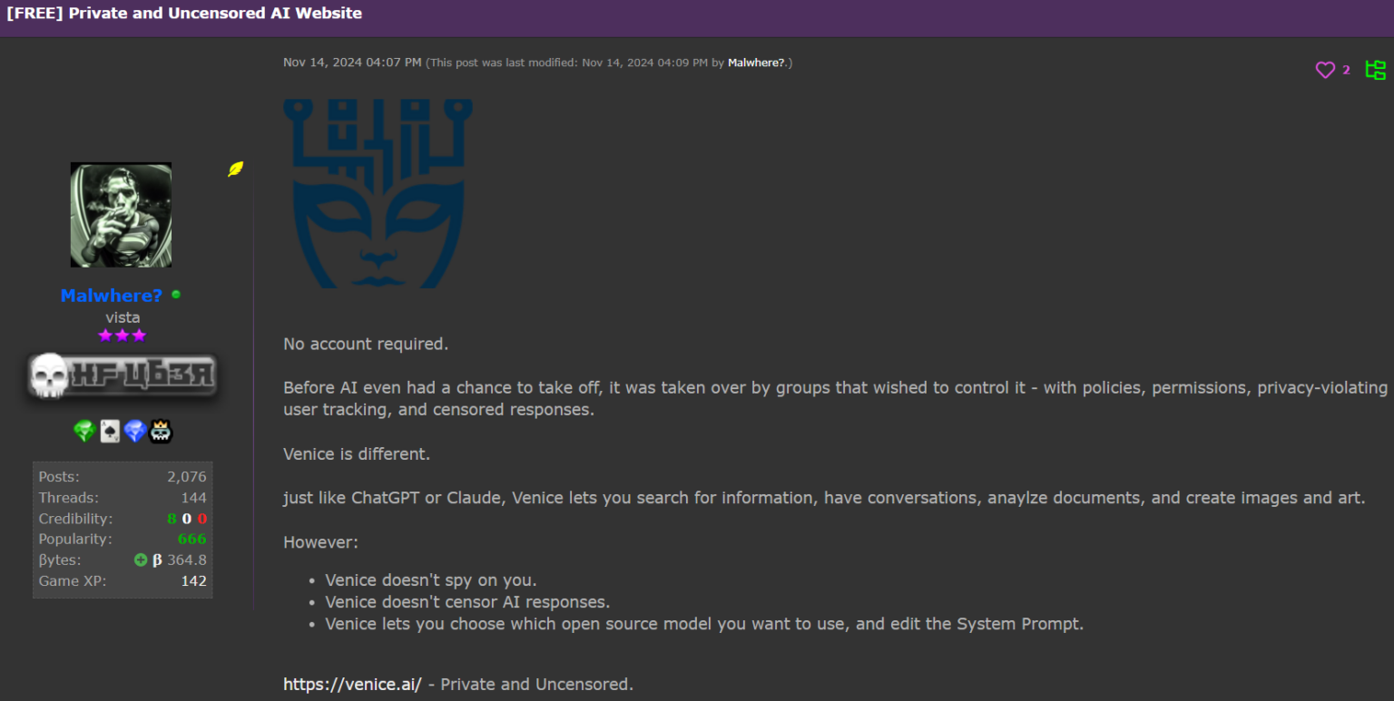 Venice.ai being promoted on a hacking forum